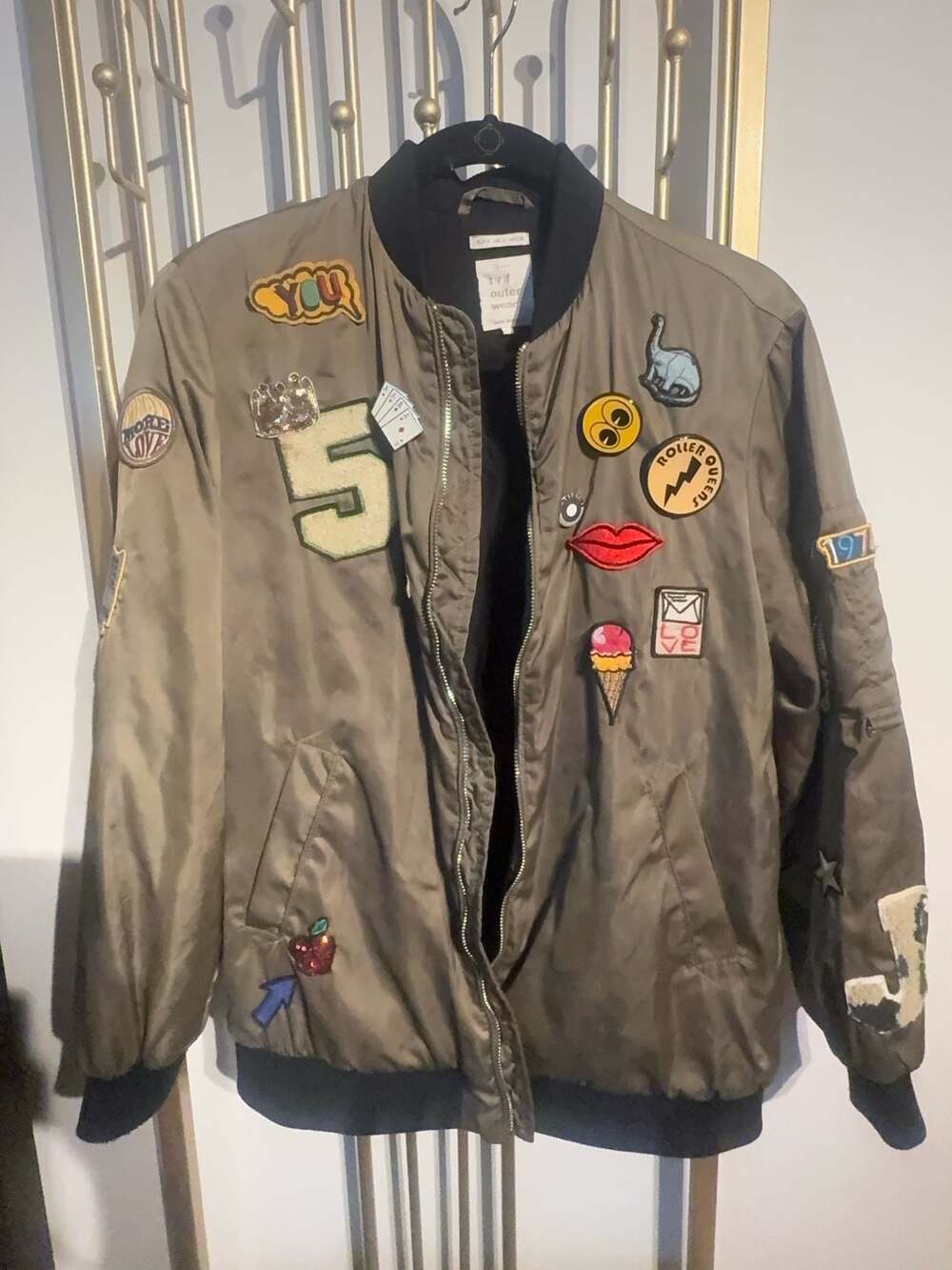 Zara TRF Outerwear Bomber Jacket Size S Olive Green Patches Dream